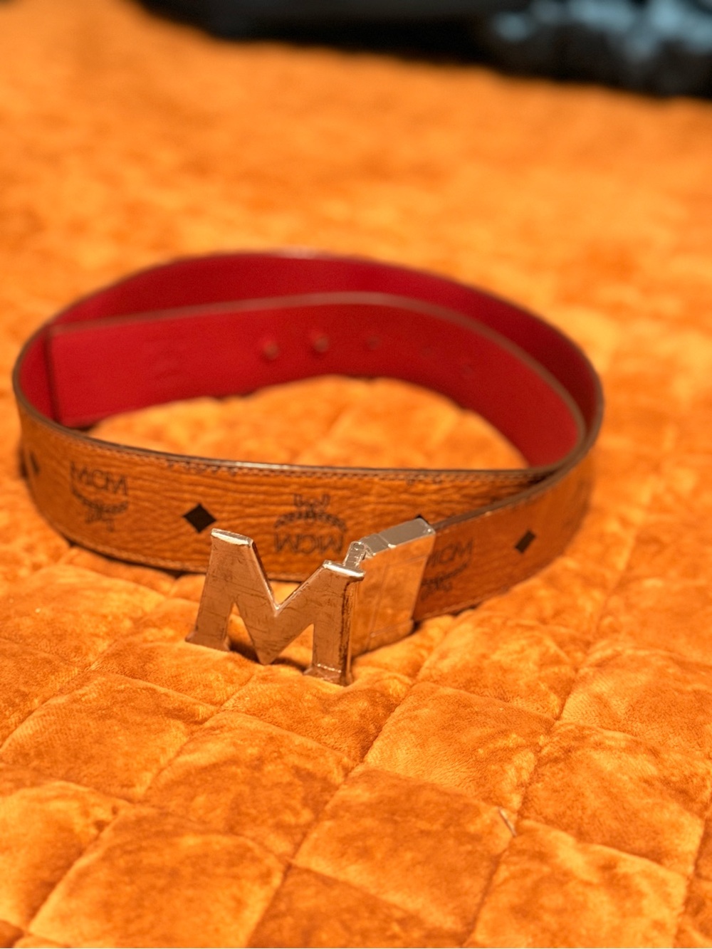 MCM Cognac Logo Belt with Red Interior and Silver 'M' Buckle